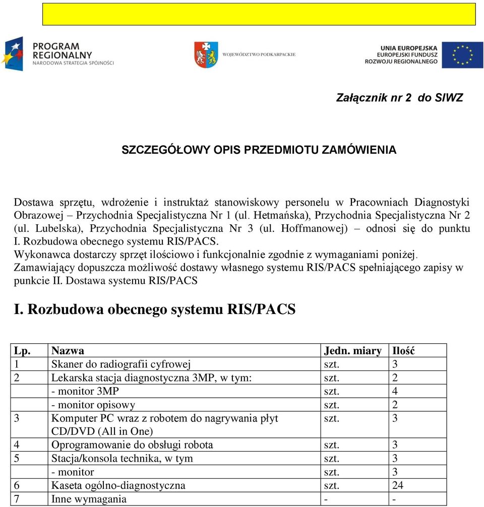 Wykonawca dostarczy sprzęt ilościowo i funkcjonalnie zgodnie z wymaganiami poniżej. Zamawiający dopuszcza możliwość dostawy własnego systemu RIS/PACS spełniającego zapisy w punkcie II.