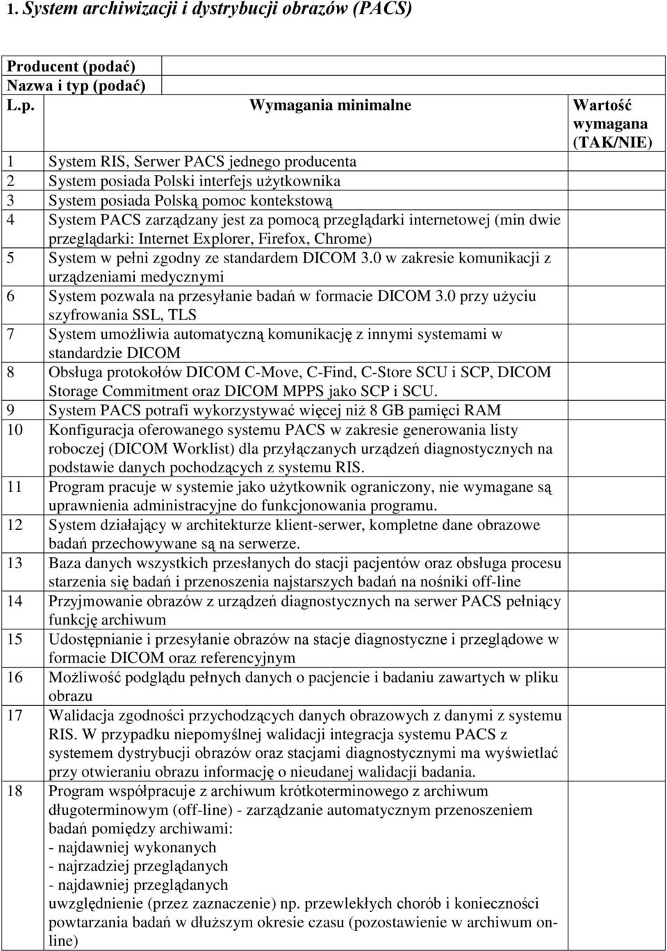 (podać) L.p. Wymagania minimalne Wartość wymagana (TAK/NIE) 1 System RIS, Serwer PACS jednego producenta 2 System posiada Polski interfejs użytkownika 3 System posiada Polską pomoc kontekstową 4