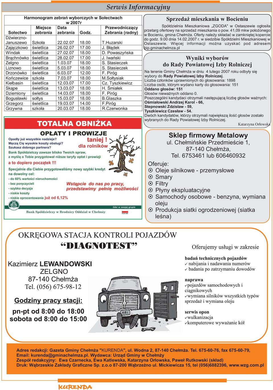 Stasieczek Liznowo świetlica 5.03.07 18.00 S. Stasieczek Drzonówko świetlica 6.03.07 12.00 F. Piróg Kończewice szkoła 7.03.07 18.00 M.Sołtysiak Kiełbasin świetlica 12.03.07 17.00 Cz.