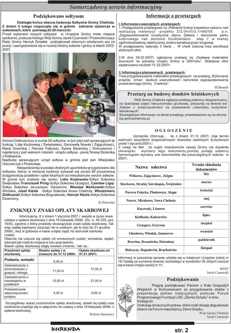 pracę i zaangażowanie się w rozwój lokalny sołectw i gminy w latach 2003-2007. Samorządowy serwis informacyjny Informacje o przetargach I. Informacja o wszczętych przetargach: 1.