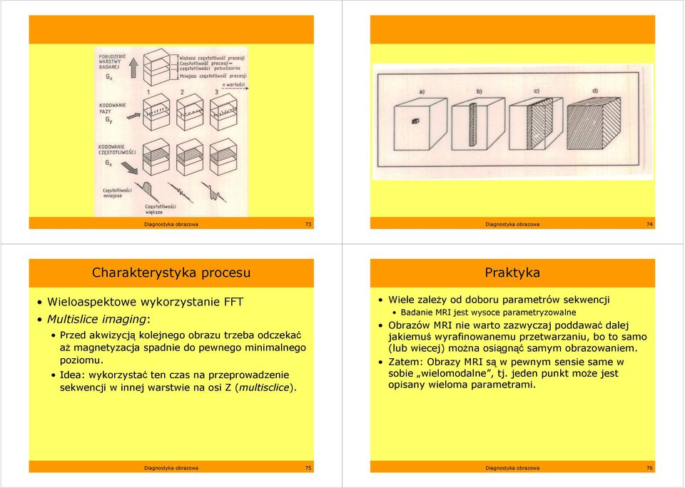 Praktyka Wiele zaleŝy od doboru parametrów sekwencji Badanie MRI jest wysoce parametryzowalne Obrazów MRI nie warto zazwyczaj poddawać dalej jakiemuś wyrafinowanemu przetwarzaniu, bo