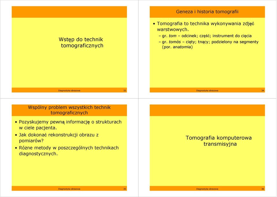 anatomia) Diagnostyka obrazowa 33 Diagnostyka obrazowa 34 Wspólny problem wszystkich technik tomograficznych Pozyskujemy pewną informację o