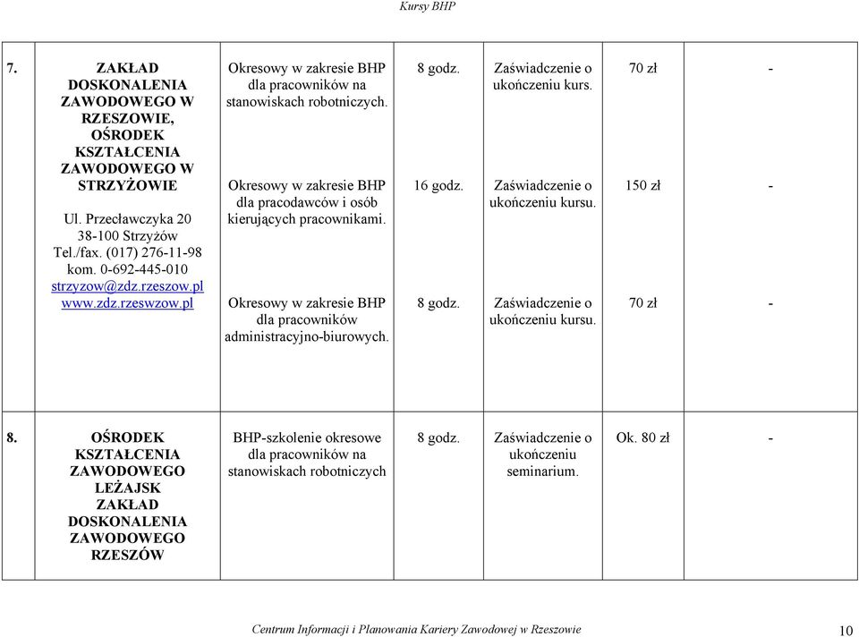 Okresowy w zakresie BHP dla pracowników administracyjno-biurowych. 8 godz. 16 godz. 8 godz. ukończeniu kurs. ukończeniu kursu. ukończeniu kursu. 70 zł 150 zł 70 zł - - - 8.