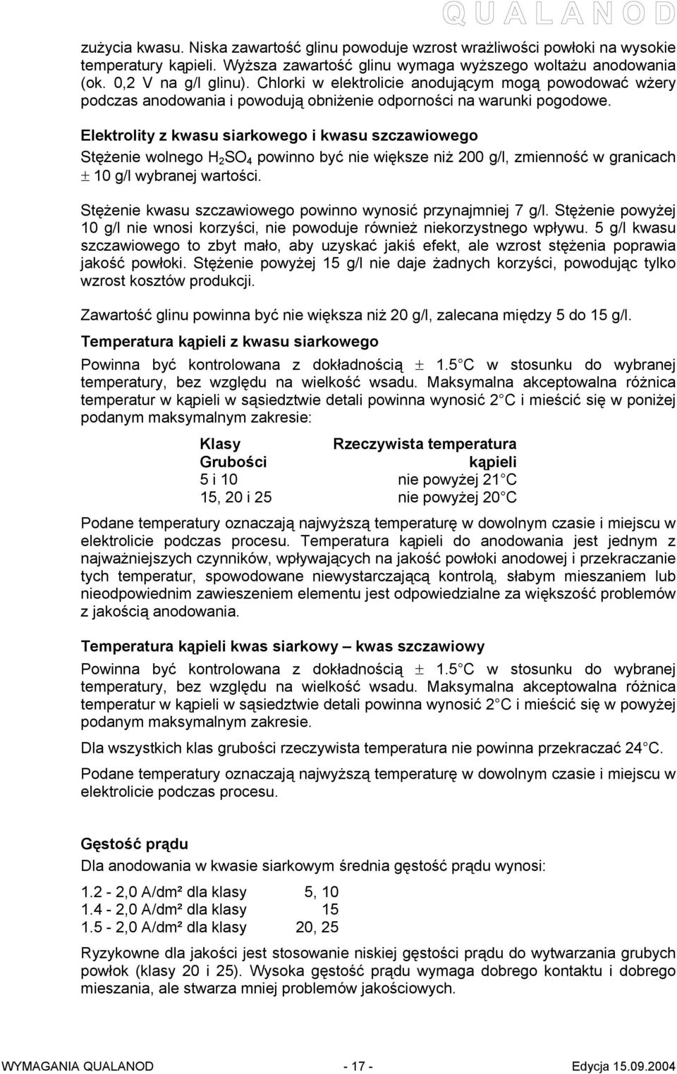 Elektrolity z kwasu siarkowego i kwasu szczawiowego Stężenie wolnego H 2 SO 4 powinno być nie większe niż 200 g/l, zmienność w granicach ± 10 g/l wybranej wartości.