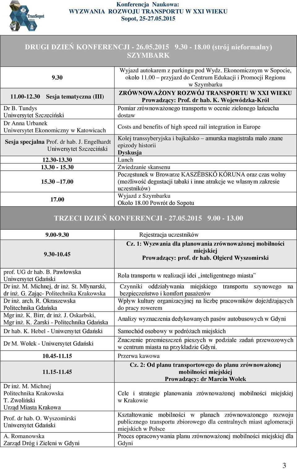 00 przyjazd do Centrum Edukacji i Promocji Regionu w Szymbarku ZRÓWNOWAŻONY ROZWÓJ TRANSPORTU W XXI WIEKU Prowadzący: Prof. dr hab. K.