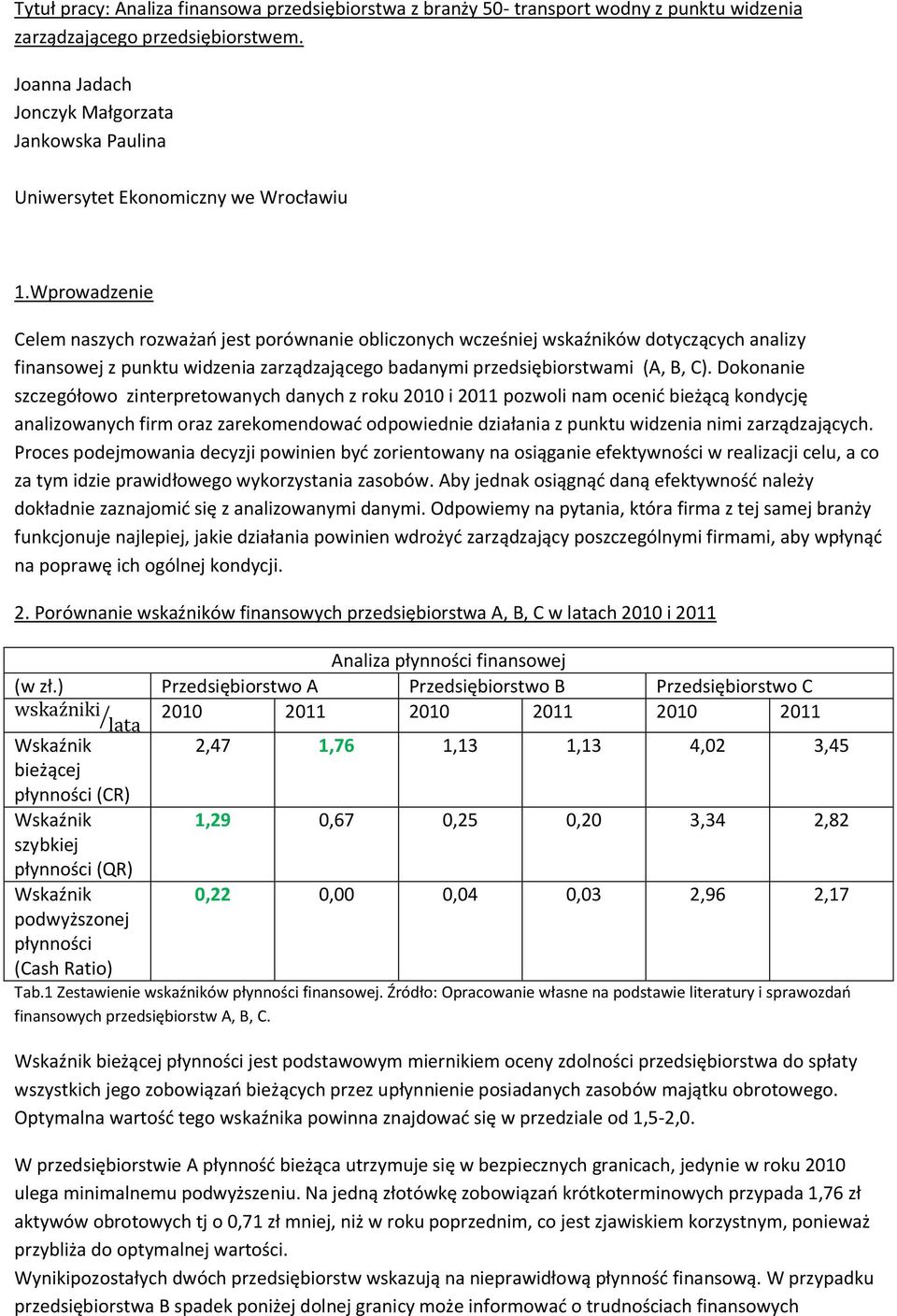 Wprowadzenie Celem naszych rozważań jest porównanie obliczonych wcześniej wskaźników dotyczących analizy finansowej z punktu widzenia zarządzającego badanymi przedsiębiorstwami (A, B, C).