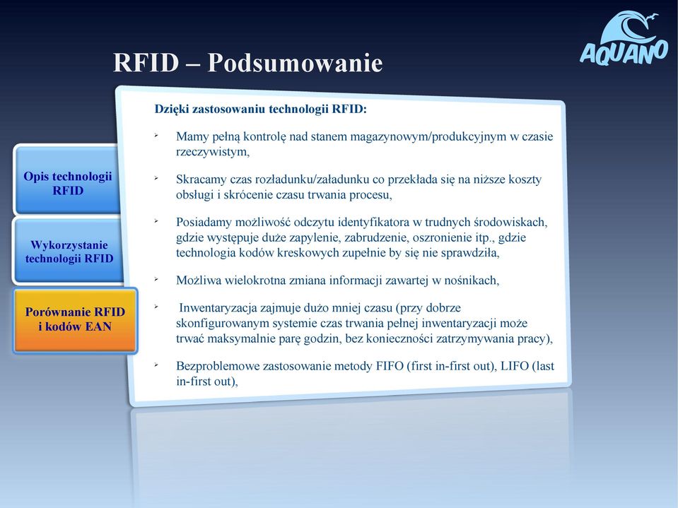 , gdzie technologia kodów kreskowych zupełnie by się nie sprawdziła, Możliwa wielokrotna zmiana informacji zawartej w nośnikach, Porównanie Inwentaryzacja zajmuje dużo mniej czasu (przy dobrze