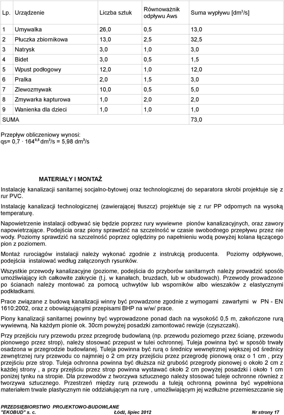 dm 3 /s MATERIAŁY I MONTAŻ Instalację kanalizacji sanitarnej socjalno-bytowej oraz technologicznej do separatora skrobi projektuje się z rur PVC.