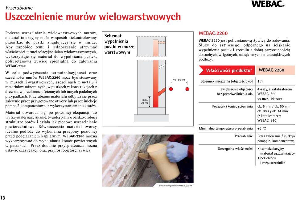 W celu podwyższenia termoizolacyjności oraz szczelności murów WEBAC 2260 może być stosowany w murach 2-warstwowych, szczelinach z metalu i materiałów mineralnych, w pustkach w konstrukcjach z drewna,