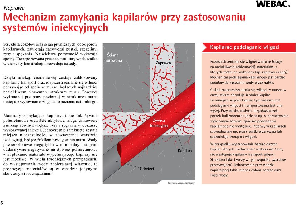 Dzięki iniekcji ciśnieniowej zostaje zablokowany kapilarny transport oraz rozprzestrzenianie się wilgoci poczynając od spoin w murze, będących najbardziej nasiąkliwym elementem struktury muru.