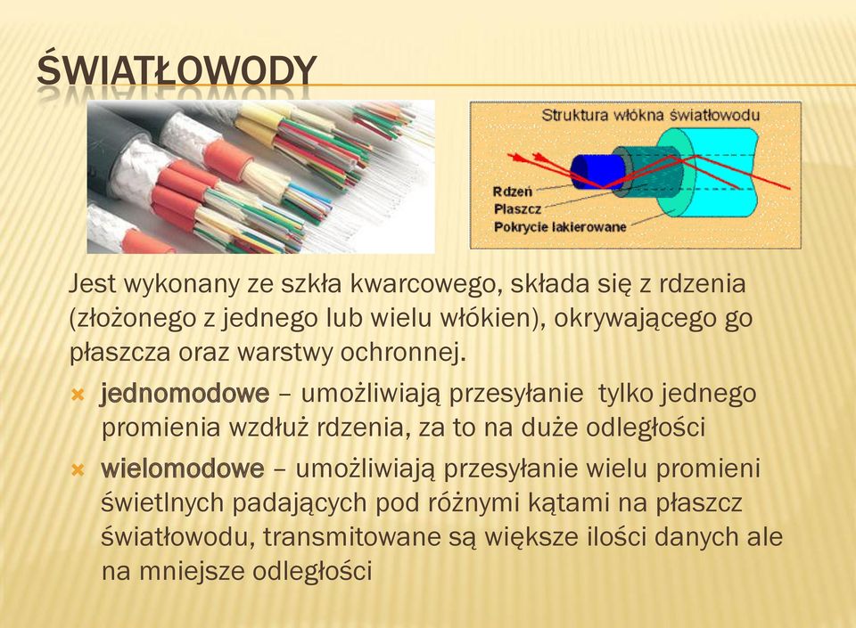 jednomodowe umożliwiają przesyłanie tylko jednego promienia wzdłuż rdzenia, za to na duże odległości