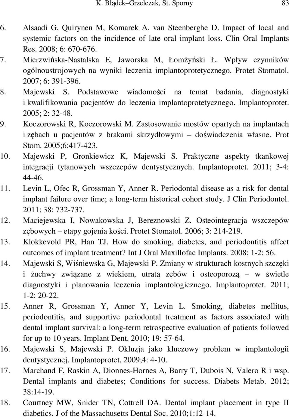 Podstawowe wiadomości na temat badania, diagnostyki i kwalifikowania pacjentów do leczenia implantoprotetycznego. Implantoprotet. 2005; 2: 32-48. 9. Koczorowski R, Koczorowski M.