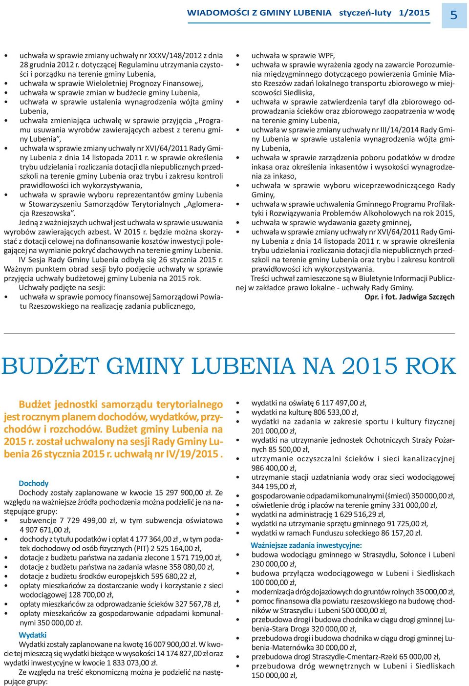 ustalenia wynagrodzenia wójta gminy Lubenia, uchwała zmieniająca uchwałę w sprawie przyjęcia Programu usuwania wyrobów zawierających azbest z terenu gminy Lubenia, uchwała w sprawie zmiany uchwały nr