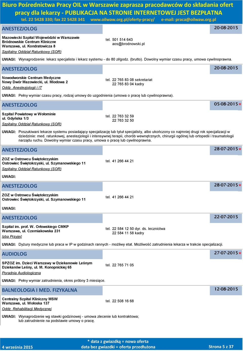 ANESTEZJOLOG 20-08-2015 Nowodworskie Centrum Medyczne Nowy Dwór Mazowiecki, ul. Miodowa 2 Oddz. Anestezjologii i IT tel.