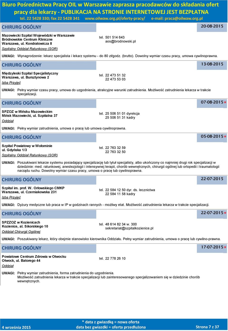 CHIRURG OGÓLNY 13-08-2015 Międzyleski Szpital Specjalistyczny, ul. Bursztynowa 2 Izba Przyjęć tel.