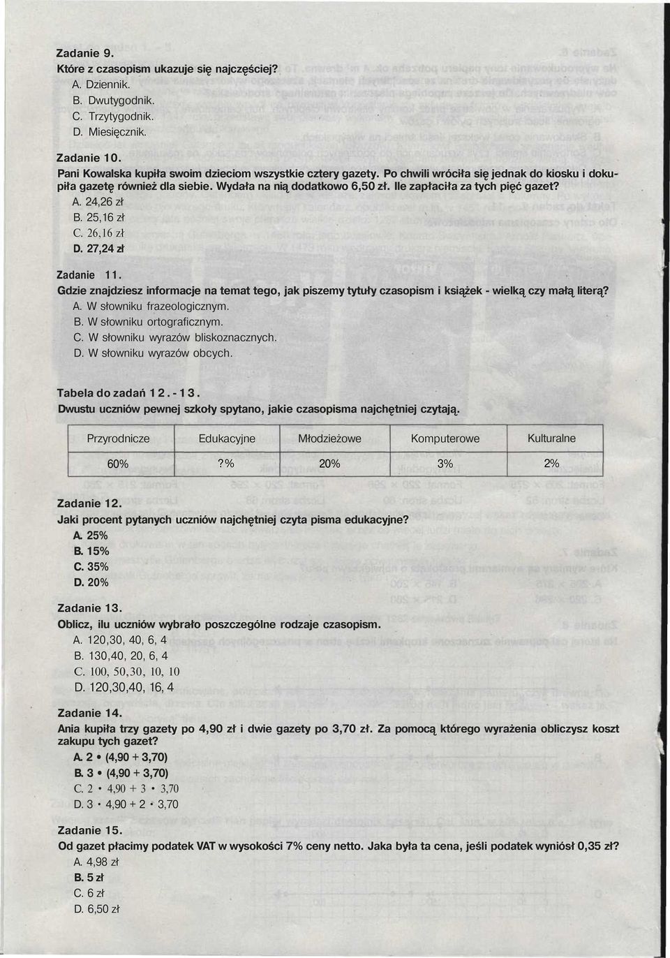 27,24 zł Zadanie 11. Gdzie znajdziesz informacje na temat tego, jak piszemy tytuły czasopism i książek - wielką czy małą literą? A. W słowniku frazeologicznym. B. W słowniku ortograficznym. C.