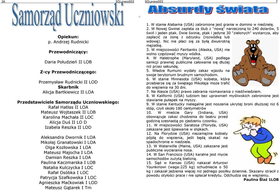 LOA Mateusz Wojtaszek II LOB Karolina Machała II LOC Alicja Duś II LO D Izabela Reszka II LOD Aleksandra Dwornik I LOA Mikołaj Granatowski I LOA Olga Kozłowska I LOA Mateusz Majocha I LOA Damian