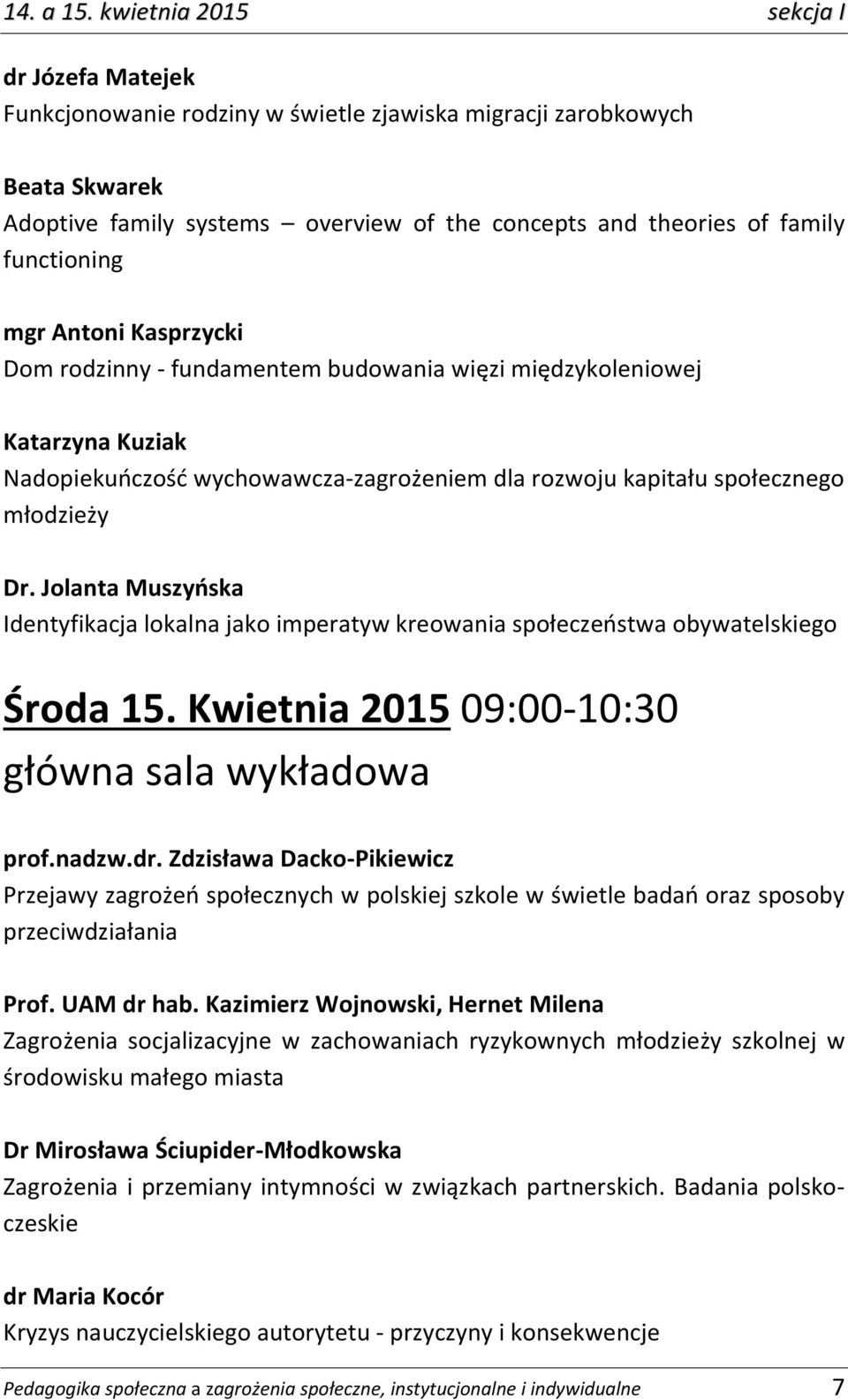 functioning mgr Antoni Kasprzycki Dom rodzinny - fundamentem budowania więzi międzykoleniowej Katarzyna Kuziak Nadopiekuńczość wychowawcza-zagrożeniem dla rozwoju kapitału społecznego młodzieży Dr.