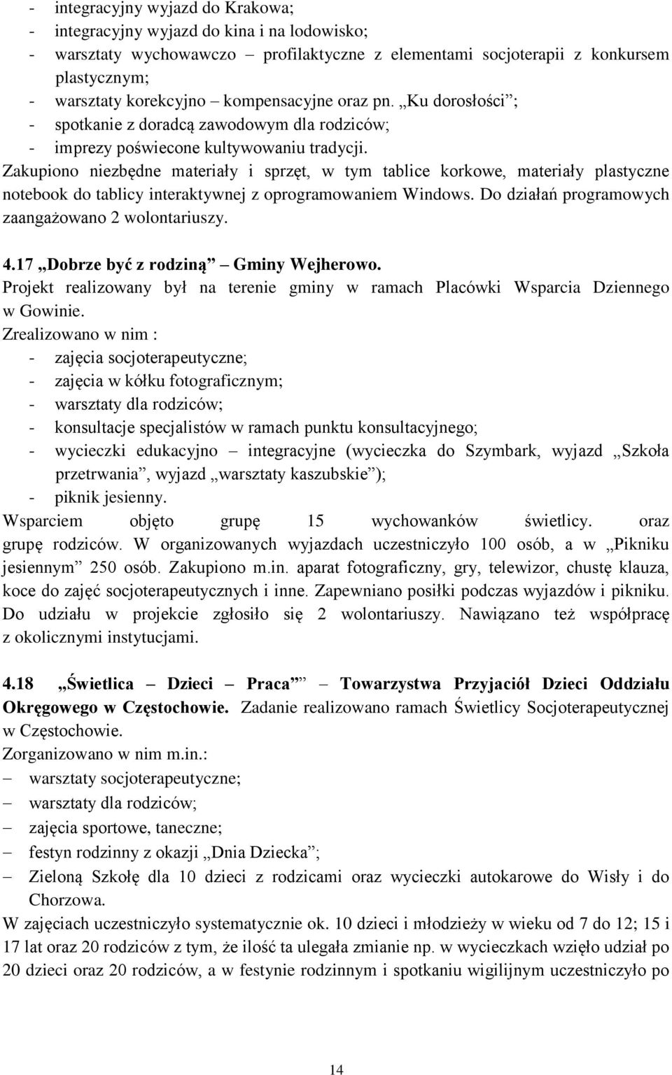 Zakupiono niezbędne materiały i sprzęt, w tym tablice korkowe, materiały plastyczne notebook do tablicy interaktywnej z oprogramowaniem Windows. Do działań programowych zaangażowano 2 wolontariuszy.