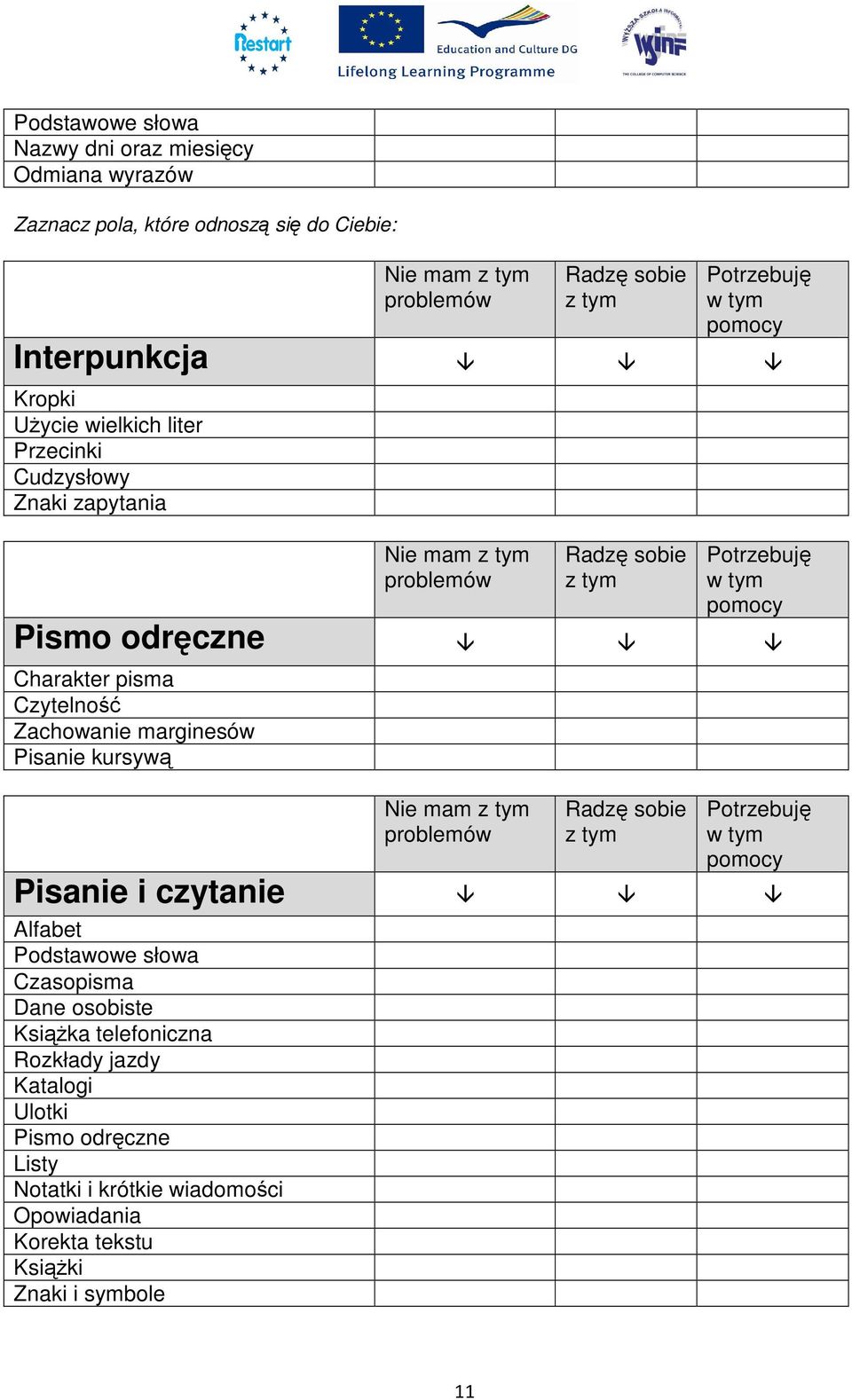 pisma Czytelność Zachowanie marginesów Pisanie kursywą Pisanie i czytanie Nie mam z tym problemów Radzę sobie z tym Potrzebuję w tym pomocy Alfabet Podstawowe słowa