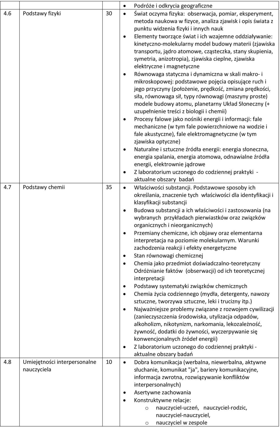 wzajemne oddziaływanie: kinetyczno-molekularny model budowy materii (zjawiska transportu, jądro atomowe, cząsteczka, stany skupienia, symetria, anizotropia), zjawiska cieplne, zjawiska elektryczne i