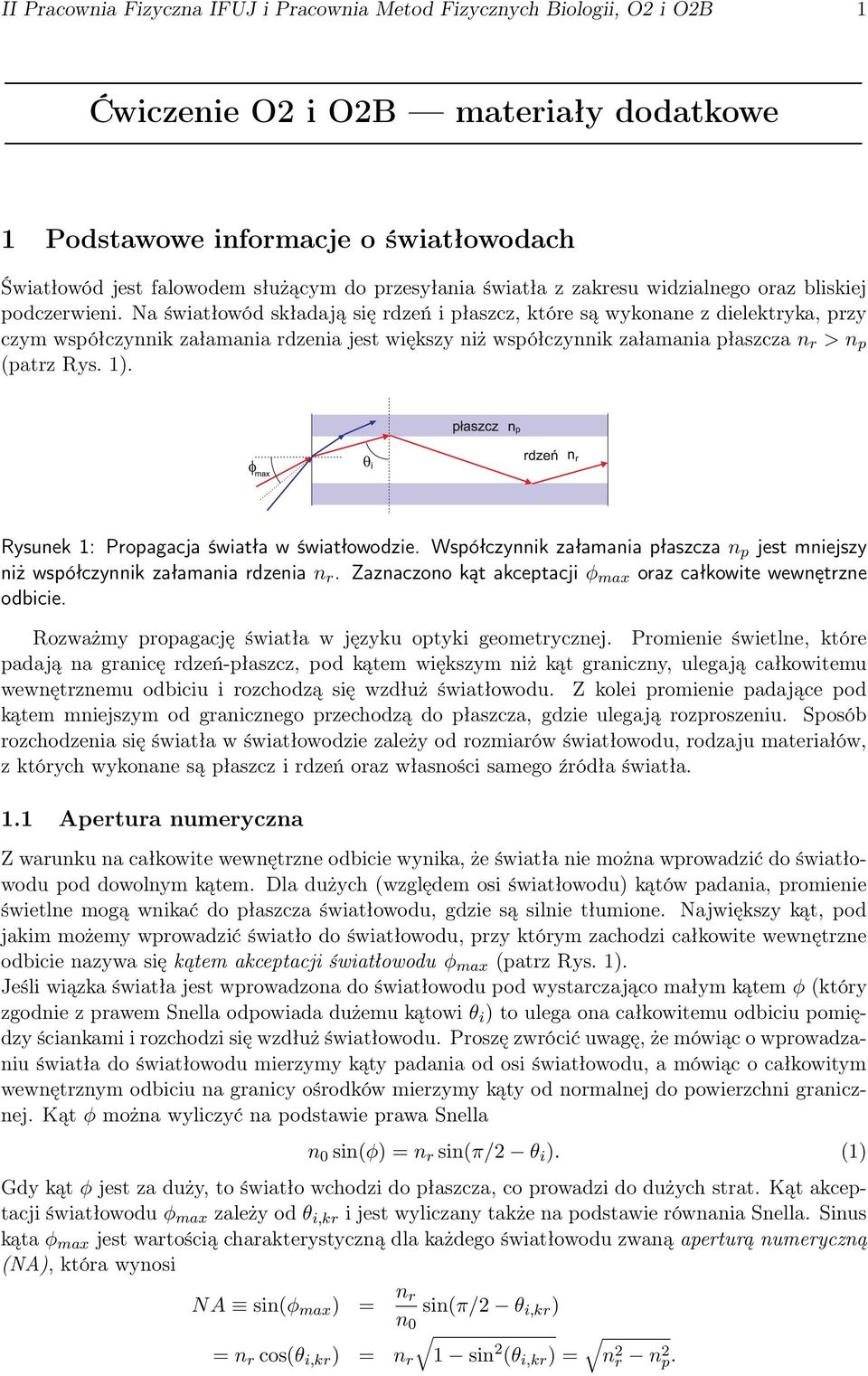 Na światłowód składają się rdzeń i płaszcz, które są wykonane z dielektryka, przy czym współczynnik załamania rdzenia jest większy niż współczynnik załamania płaszcza n r > n p (patrz Rys. 1).