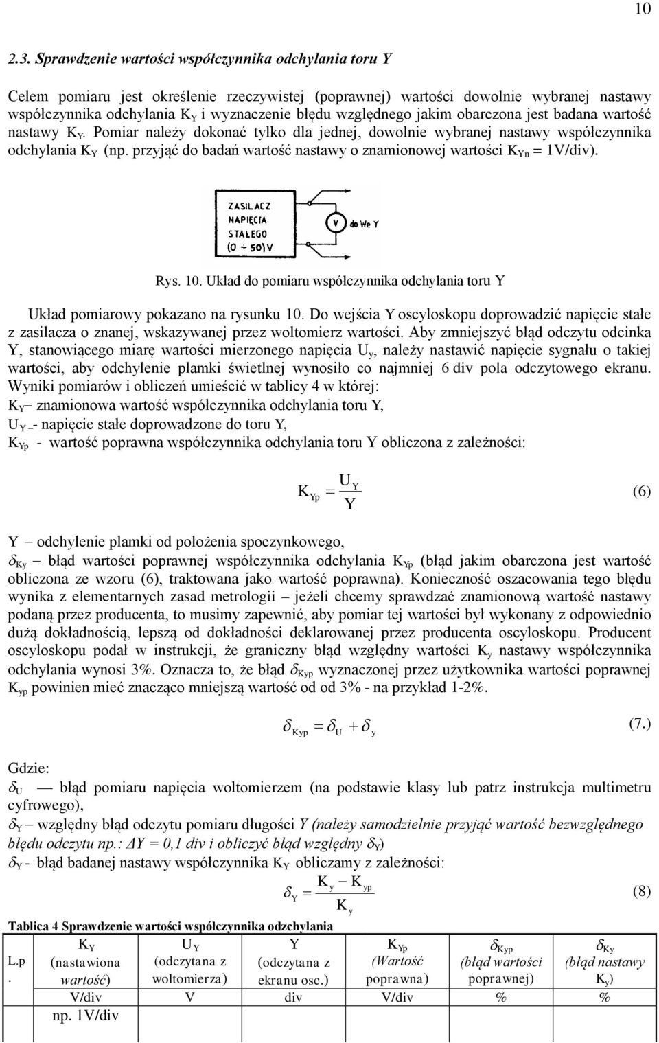 względnego jakim obarczona jest badana wartość nastawy K Y. Pomiar należy dokonać tylko dla jednej, dowolnie wybranej nastawy współczynnika odchylania K Y (np.