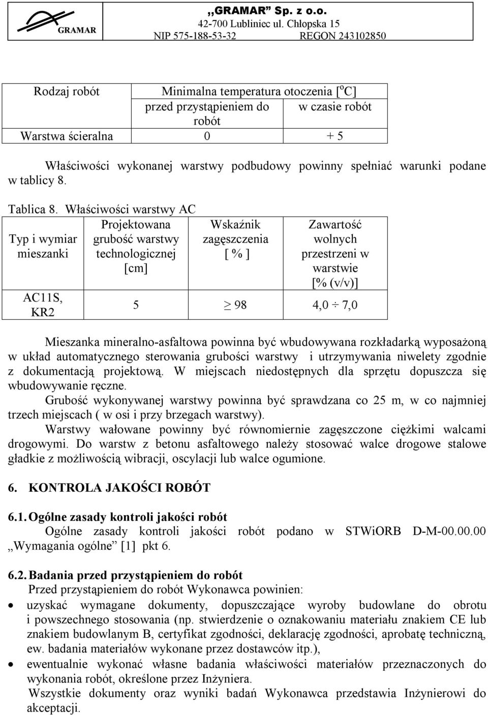 Właściwości warstwy AC Projektowana Typ i wymiar grubość warstwy mieszanki technologicznej [cm] AC11S, KR2 Wskaźnik zagęszczenia [ % ] Zawartość wolnych przestrzeni w warstwie [% (v/v)] 5 98 4,0 7,0