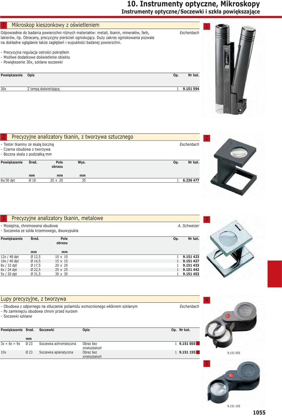 - Precyzyjna regulacja ostrości pokrętłem - Możliwe dodatkowe doświetlenie obiektu - Powiększenie 0x, szklane soczewki Eschenbach Powiększenie Opis Op. Nr kat. 0x Z lampą doświetlającą 9.