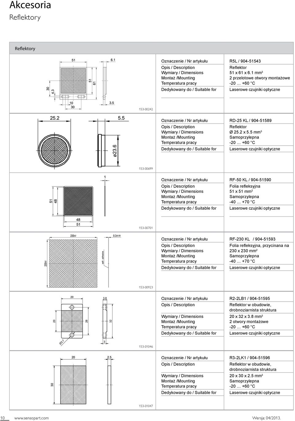 mm Samoprzylepna - +60 C Laserowe czujniki optyczne -00699 / Description Wymiary / Dimensions Montaż /Mounting Dedykowany do / Suitable for RF-0 KL / 904-90 Folia refleksyjna x mm Samoprzylepna -40