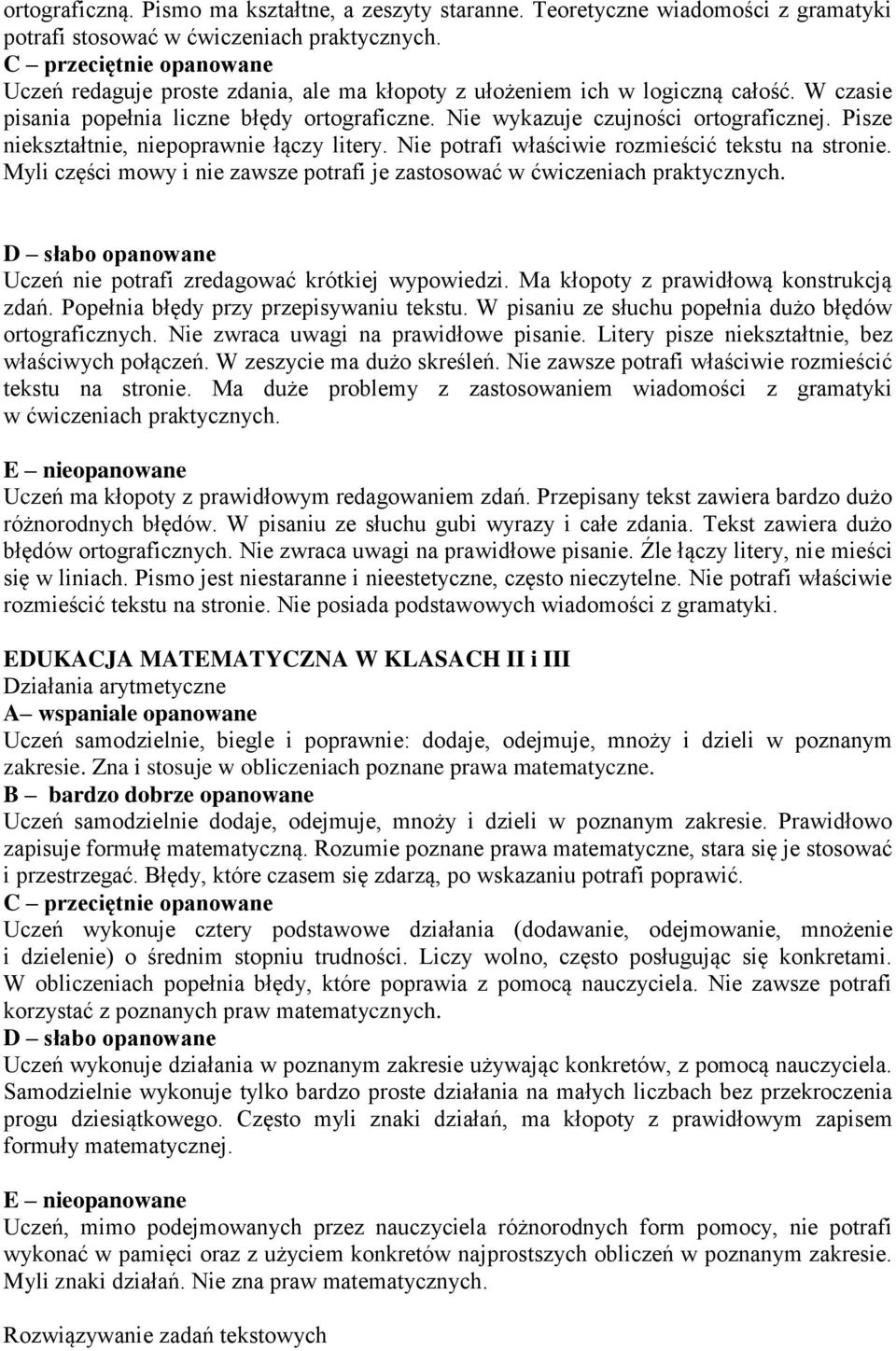 Pisze niekształtnie, niepoprawnie łączy litery. Nie potrafi właściwie rozmieścić tekstu na stronie. Myli części mowy i nie zawsze potrafi je zastosować w ćwiczeniach praktycznych.