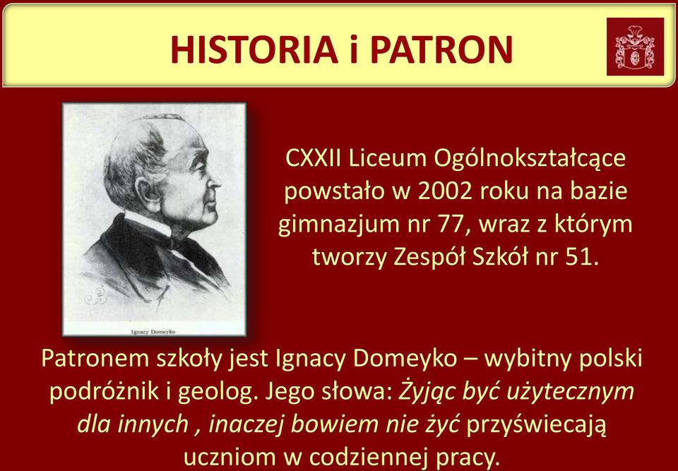 Patronem szkoły jest Ignacy Domeyko wybitny polski podróżnik i geolog.