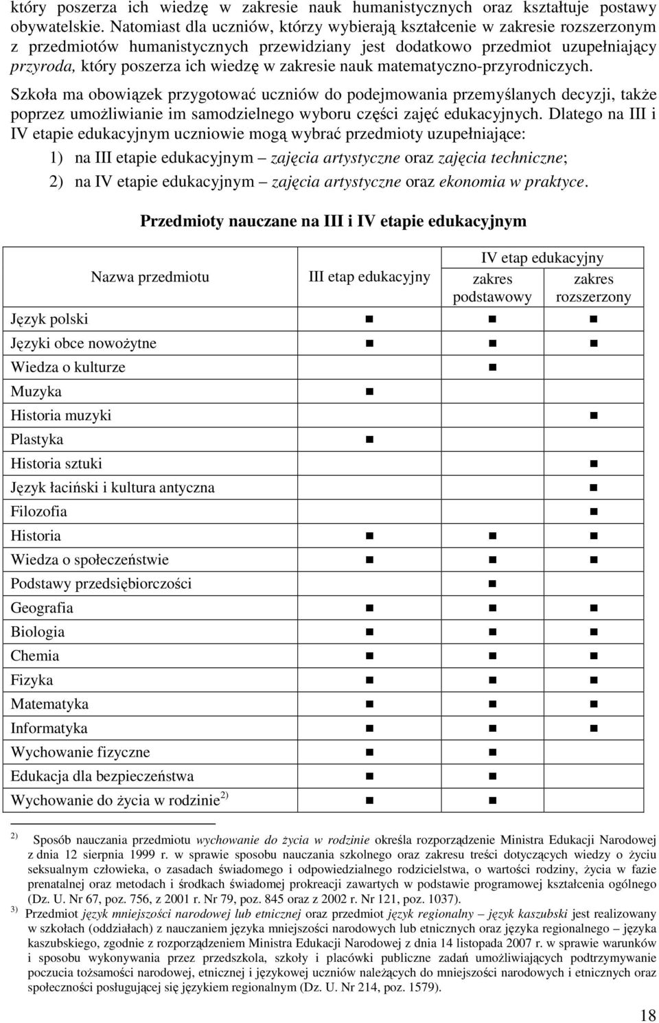 zakresie nauk matematyczno-przyrodniczych. Szkoła ma obowiązek przygotować uczniów do podejmowania przemyślanych decyzji, takŝe poprzez umoŝliwianie im samodzielnego wyboru części zajęć edukacyjnych.