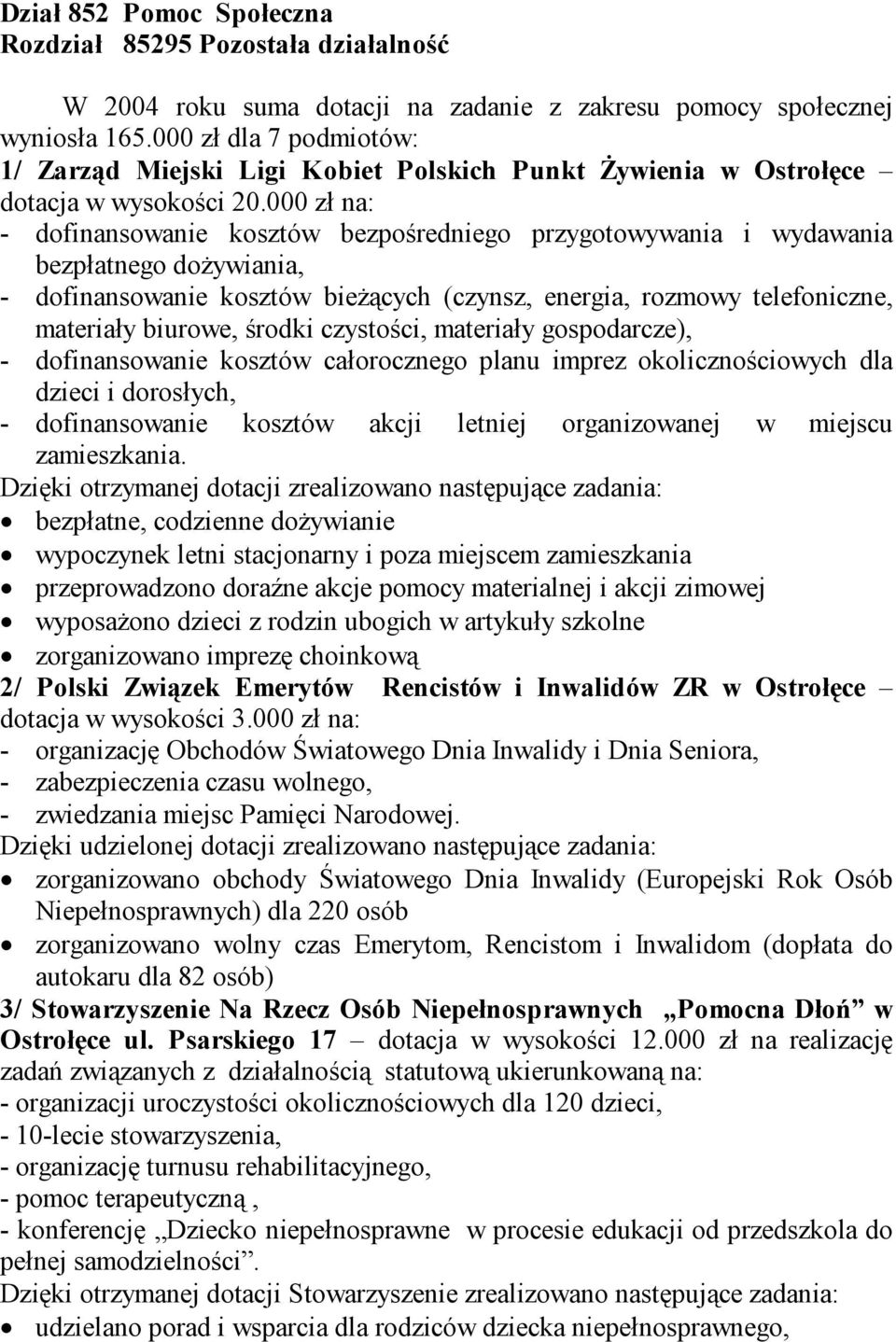 000 zł na: - dofinansowanie kosztów bezpośredniego przygotowywania i wydawania bezpłatnego dożywiania, - dofinansowanie kosztów bieżących (czynsz, energia, rozmowy telefoniczne, materiały biurowe,