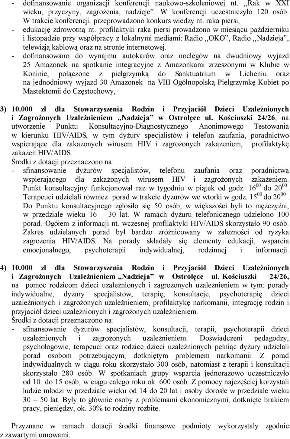 profilaktyki raka piersi prowadzono w miesiącu październiku i listopadzie przy współpracy z lokalnymi mediami: Radio OKO, Radio Nadzieja, telewizją kablową oraz na stronie internetowej.