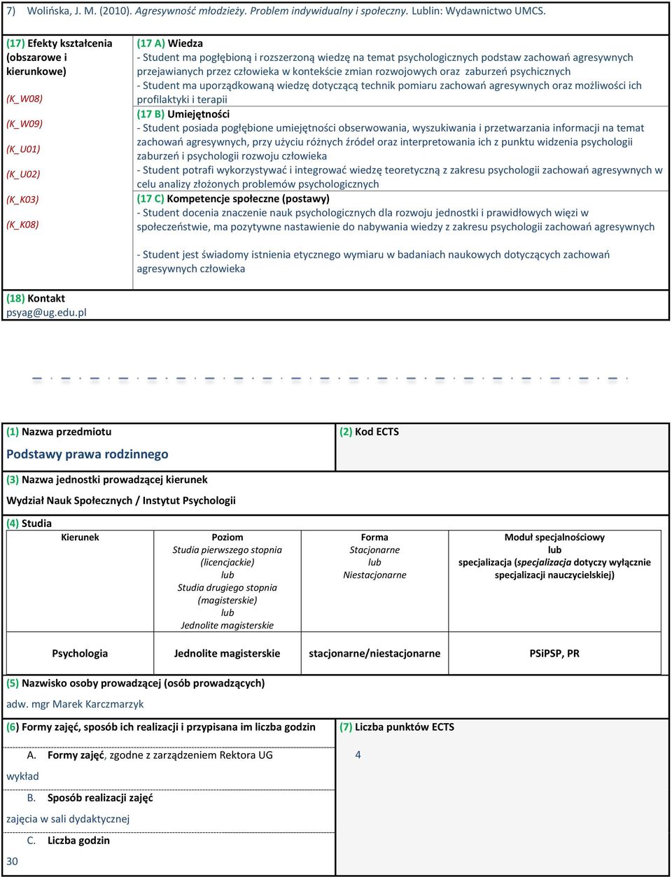 agresywnych przejawianych przez człowieka w kontekście zmian rozwojowych oraz zaburzeń psychicznych - Student ma uporządkowaną wiedzę dotyczącą technik pomiaru zachowań agresywnych oraz możliwości