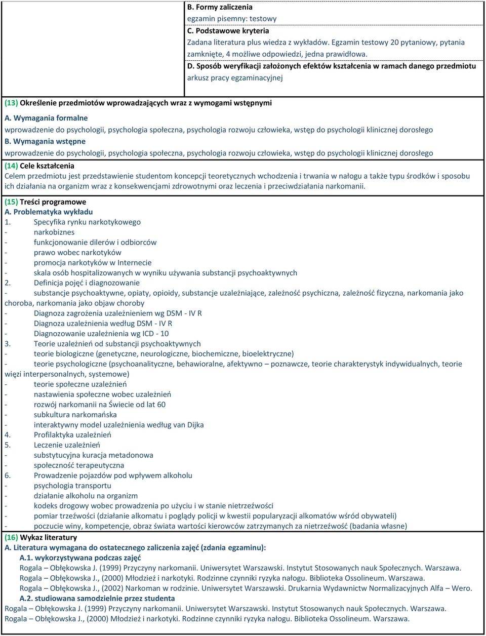 Wymagania formalne wprowadzenie do psychologii, psychologia społeczna, psychologia rozwoju człowieka, wstęp do psychologii klinicznej dorosłego B.