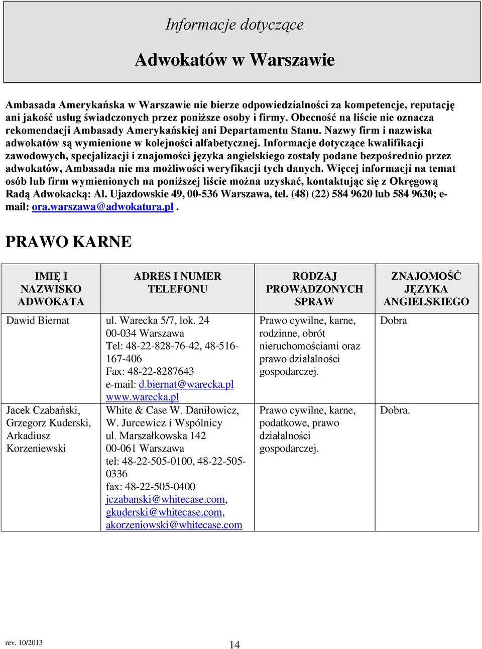 Informacje dotyczące kwalifikacji zawodowych, specjalizacji i znajomości języka angielskiego zostały podane bezpośrednio przez adwokatów, Ambasada nie ma możliwości weryfikacji tych danych.