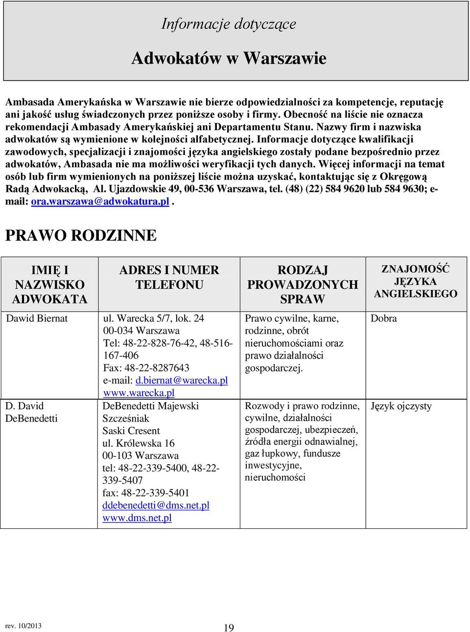 Informacje dotyczące kwalifikacji zawodowych, specjalizacji i znajomości języka angielskiego zostały podane bezpośrednio przez adwokatów, Ambasada nie ma możliwości weryfikacji tych danych.