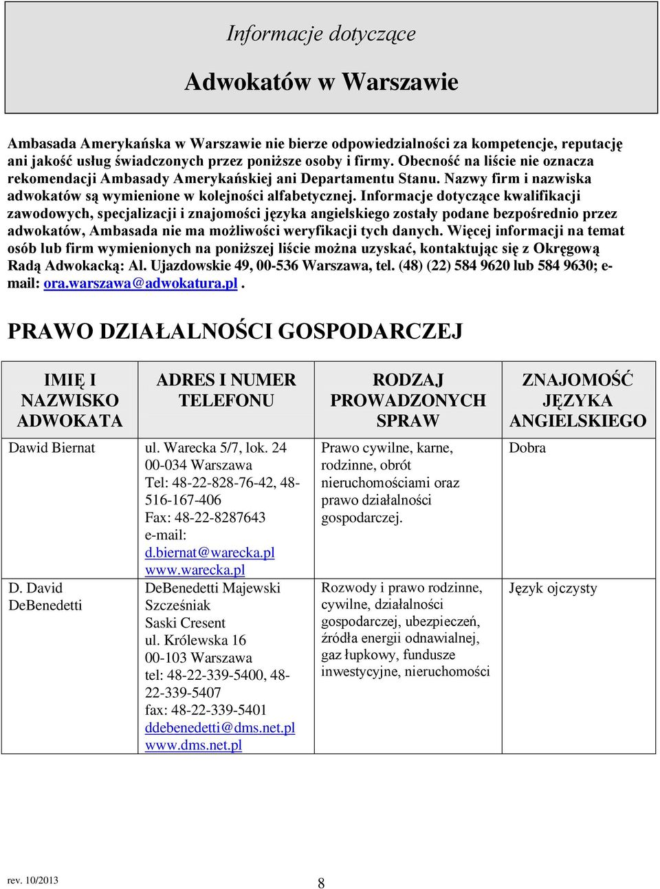 Informacje dotyczące kwalifikacji zawodowych, specjalizacji i znajomości języka angielskiego zostały podane bezpośrednio przez adwokatów, Ambasada nie ma możliwości weryfikacji tych danych.