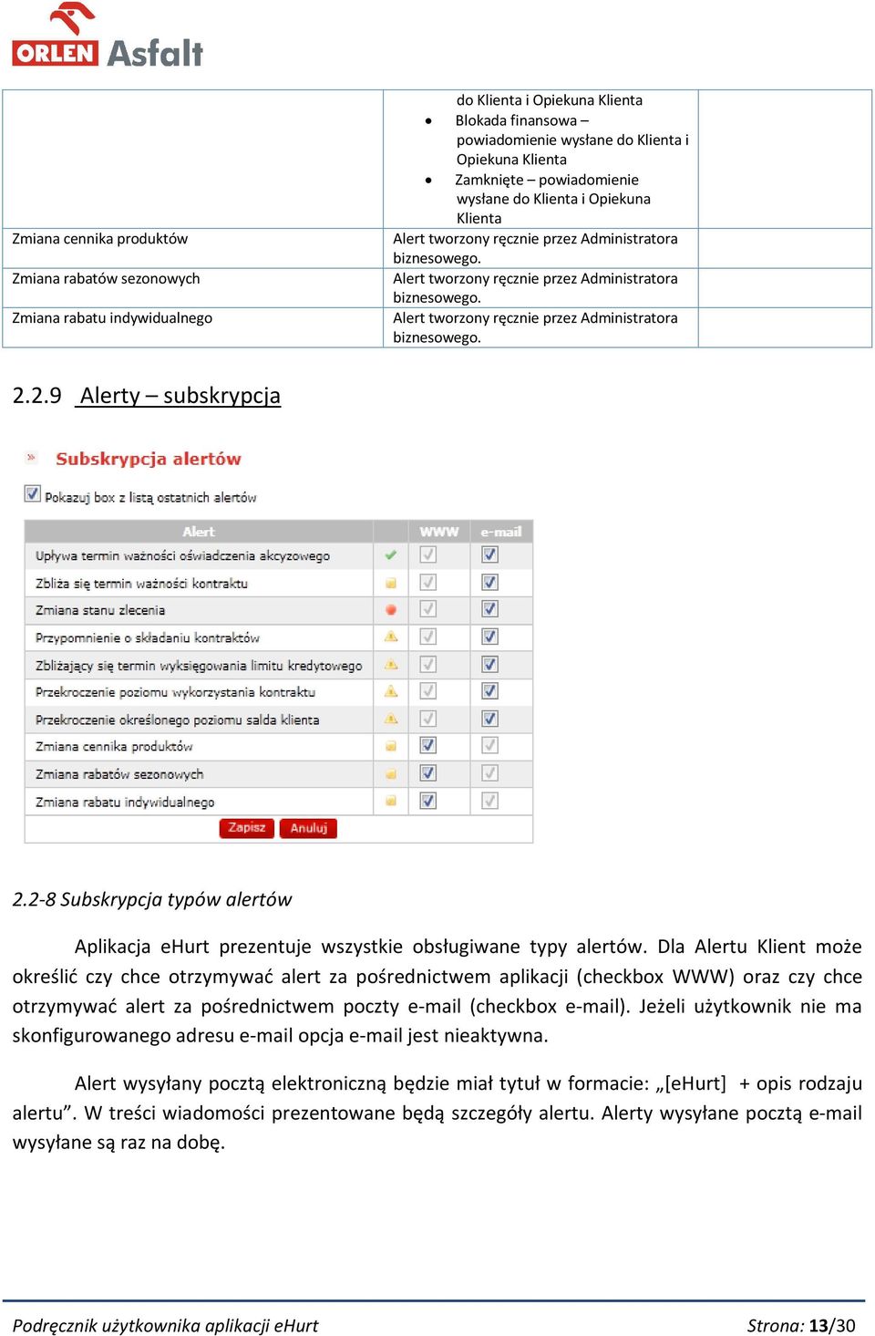 2.9 Alerty subskrypcja 2.2-8 Subskrypcja typów alertów Aplikacja ehurt prezentuje wszystkie obsługiwane typy alertów.