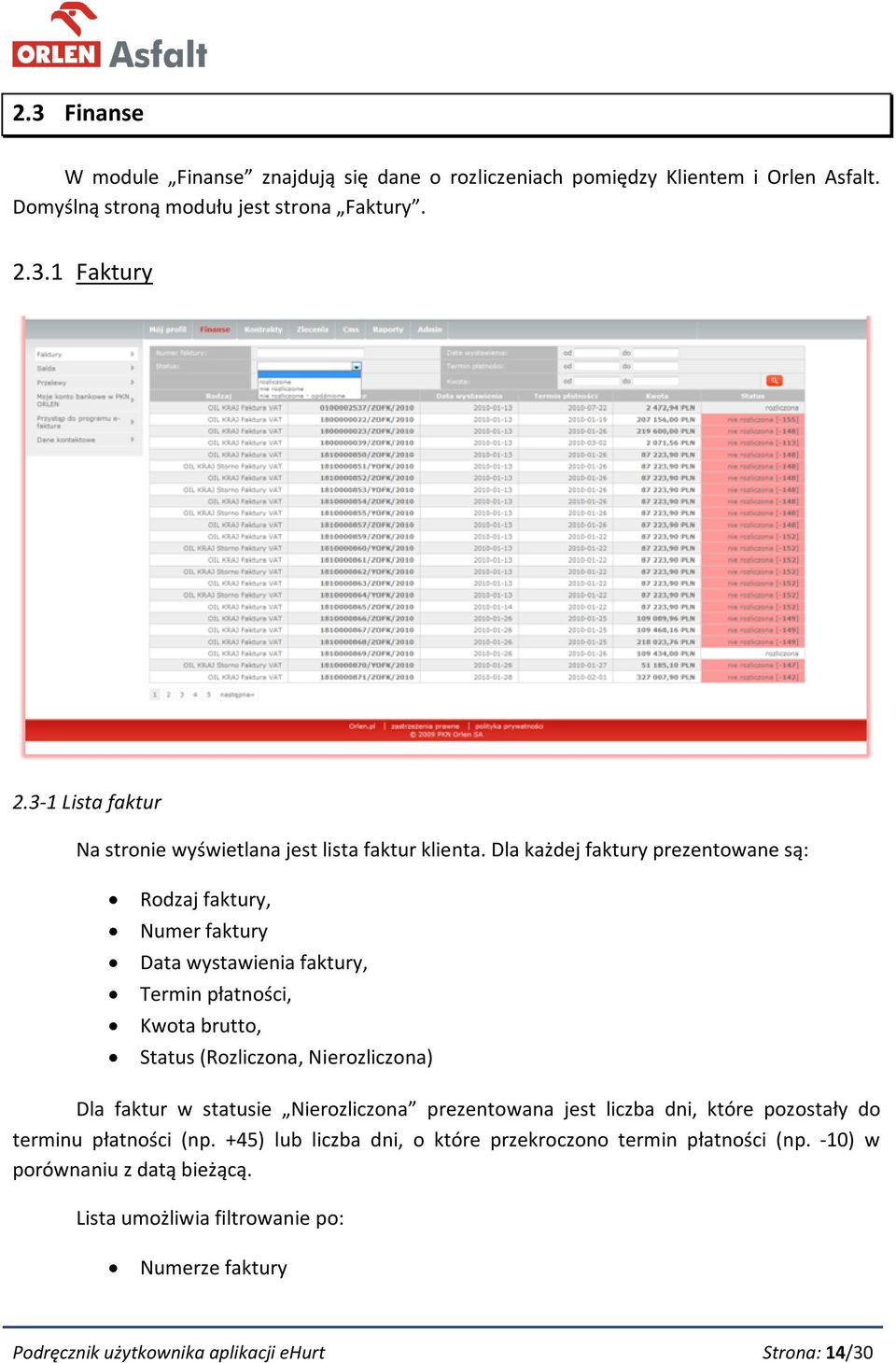 Dla każdej faktury prezentowane są: Rodzaj faktury, Numer faktury Data wystawienia faktury, Termin płatności, Kwota brutto, Status (Rozliczona, Nierozliczona) Dla faktur w