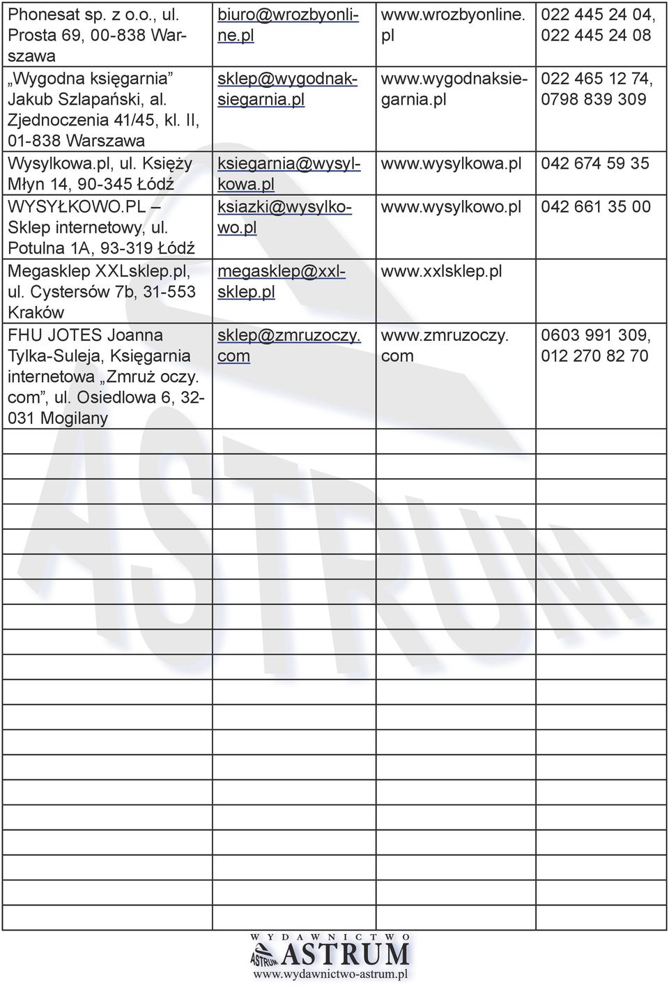 PL Sklep internetowy, ul. Potulna 1A, 93-319 Łódź Megasklep XXLsklep., ul. Cystersów 7b, 31-553 Kraków FHU JOTES Joanna Tylka-Suleja, Księgarnia internetowa Zmruż oczy. com, ul.