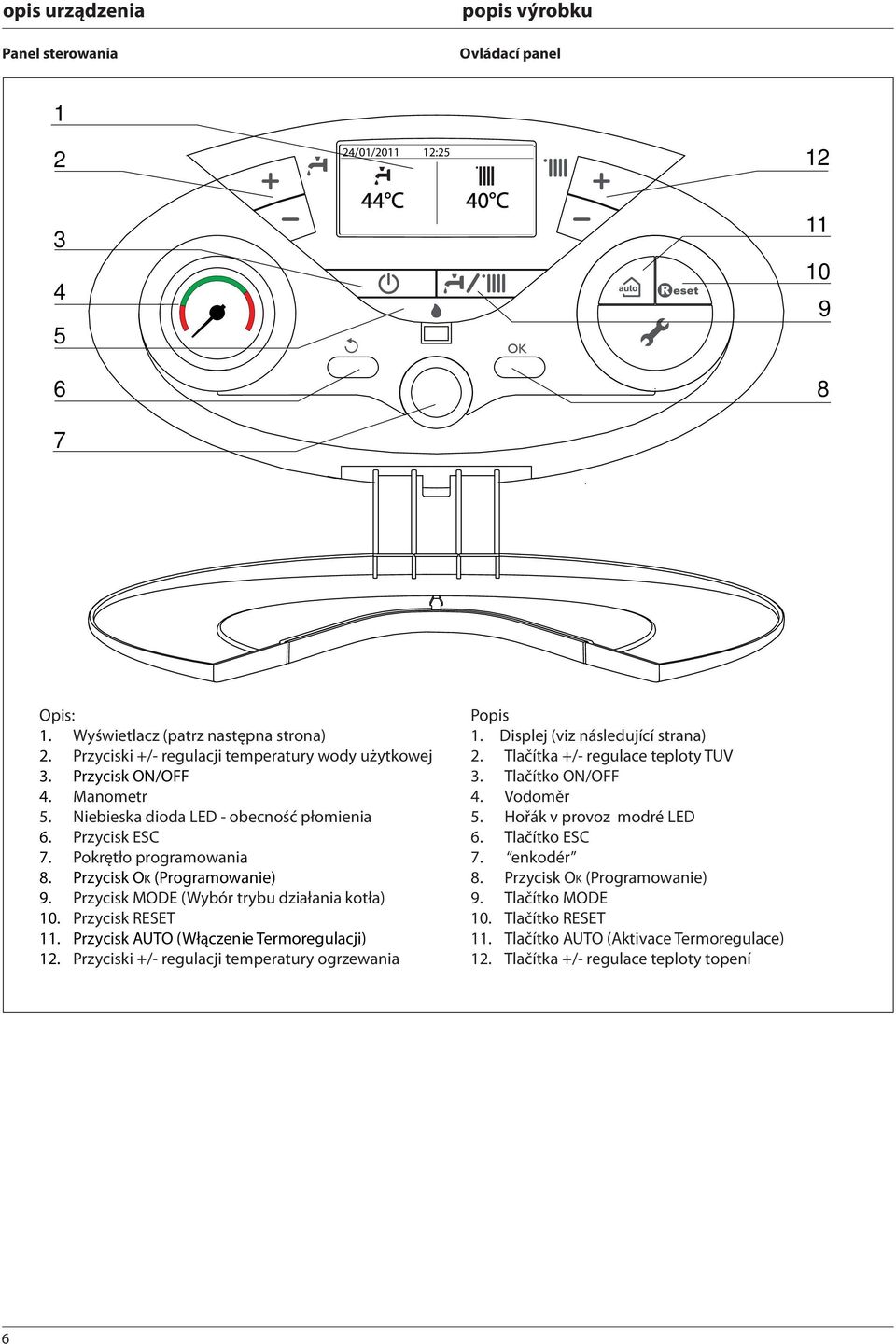 Przycisk OK (Programowanie) 9. Przycisk MODE (Wybór trybu działania kotła) 0. Przycisk RESET. Przycisk AUTO (Włączenie Termoregulacji) 2. Przyciski +/- regulacji temperatury ogrzewania Popis.