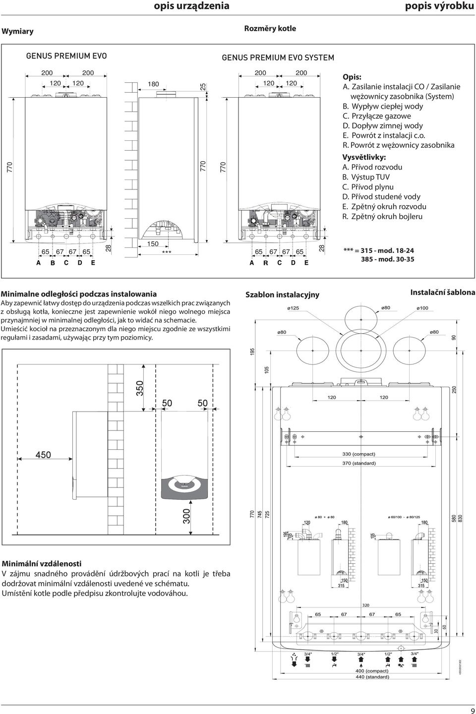 Powrót z wężownicy zasobnika 770 770 Vysvětlivky: A. Přívod rozvodu B. Výstup TUV C. Přívod plynu D. Přívod studené vody E. Zpětný okruh rozvodu R. Zpětný okruh bojleru *** = 35 - mod. 8-24 385 - mod.