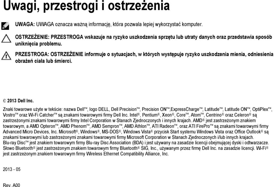 PRZESTROGA: OSTRZEŻENIE informuje o sytuacjach, w których występuje ryzyko uszkodzenia mienia, odniesienia obrażeń ciała lub śmierci. 2013 Dell Inc.