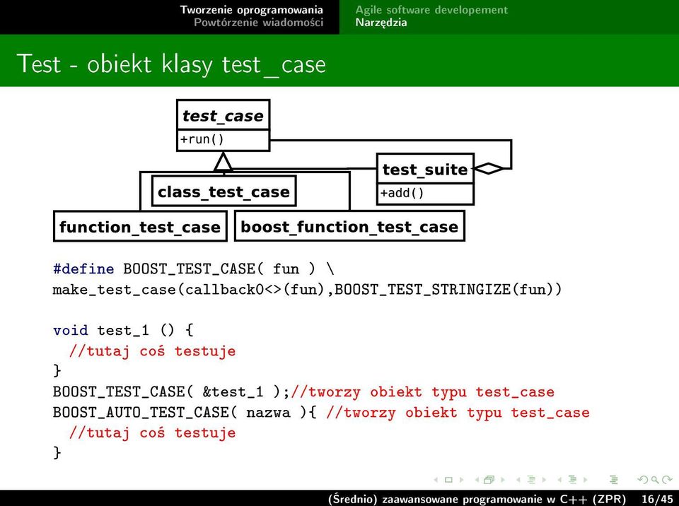 testuje } BOOST_TEST_CASE( &test_1 );//tworzy obiekt typu test_case BOOST_AUTO_TEST_CASE(