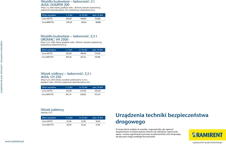 Cena NETTO 242,00 198,00 154,00 Cena BRUTTO 295,24 241,56 187,88 urz¹dzenia do prac ziemnych i transportu materia³ów Wozid³o budowlane ùadownoúã: 2,5 t UROMAC: VH 2500 Masa: 2,3 t, silnik: Diesel,