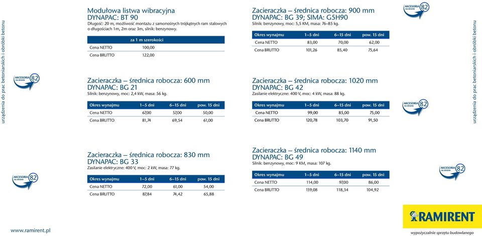 za 1 m szerokoœci Cena NETTO 100,00 Cena BRUTTO 122,00 Zacieraczka úrednica robocza: 600 mm DYNAPAC: BG 21 Silnik: benzynowy, moc: 2,4 kw, masa: 56 kg.