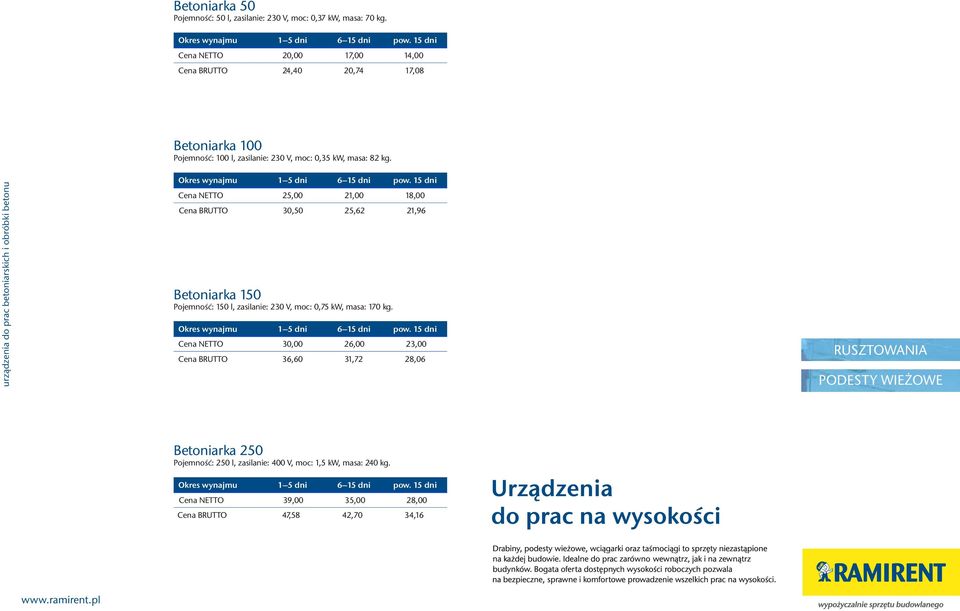 0,35 kw, masa: kg. Cena NETTO 25,00 21,00 18,00 Cena BRUTTO 30,50 25,62 21,96 Betoniarka 150 Pojemnoœæ: 150 l, zasilanie: 230 V, moc: 0,75 kw, masa: 170 kg.